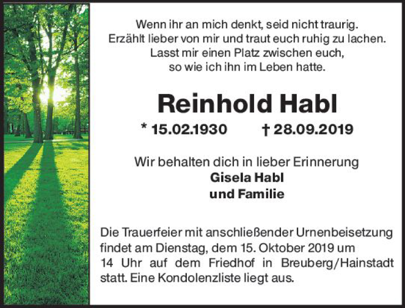  Traueranzeige für Reinhold Habl vom 09.10.2019 aus vrm-trauer