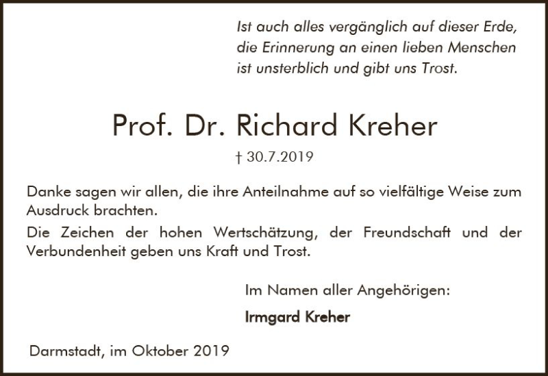  Traueranzeige für Richard Kreher vom 05.10.2019 aus vrm-trauer