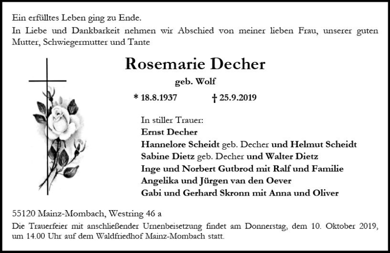  Traueranzeige für Rosemarie Decher vom 05.10.2019 aus vrm-trauer