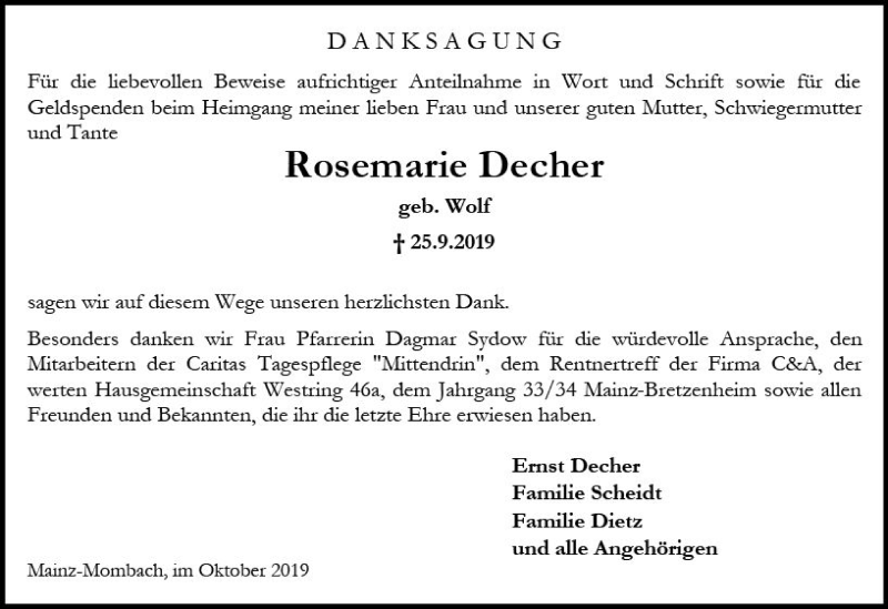  Traueranzeige für Rosemarie Decher vom 26.10.2019 aus vrm-trauer