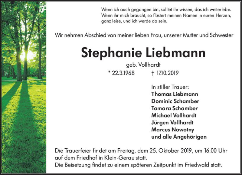  Traueranzeige für Stephanie Liebmann vom 23.10.2019 aus vrm-trauer