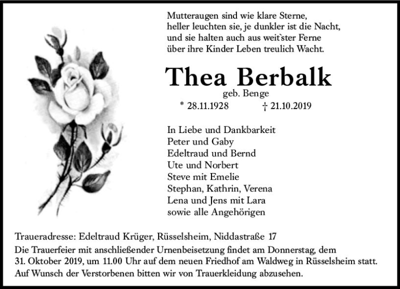  Traueranzeige für Thea Berbalk vom 26.10.2019 aus vrm-trauer