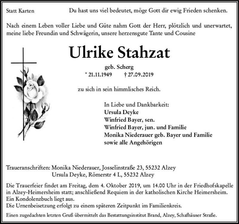  Traueranzeige für Ulrike Stahzat vom 01.10.2019 aus vrm-trauer