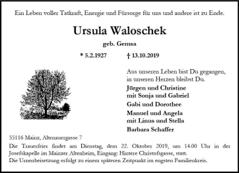 Traueranzeige von Ursula Waloschek von vrm-trauer