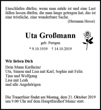 Traueranzeige von Uta Großmann von vrm-trauer
