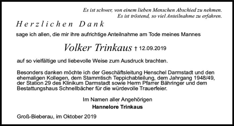  Traueranzeige für Volker Trinkaus vom 19.10.2019 aus vrm-trauer