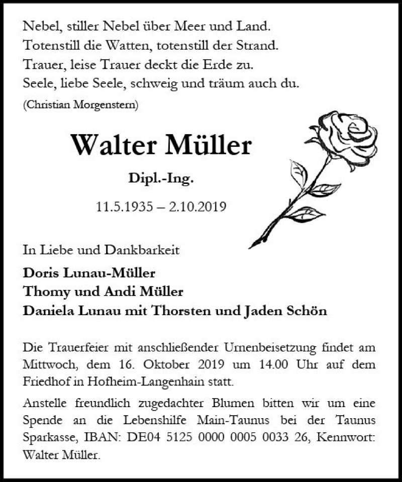  Traueranzeige für Walter Müller vom 11.10.2019 aus vrm-trauer