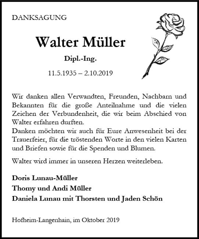  Traueranzeige für Walter Müller vom 25.10.2019 aus vrm-trauer