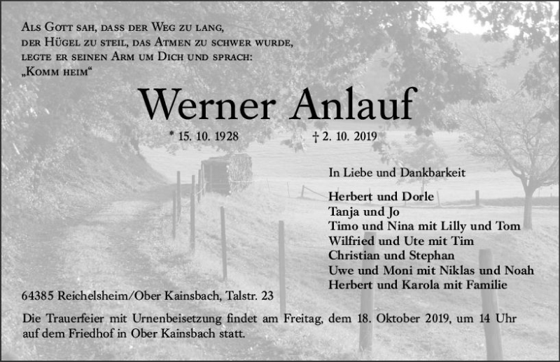  Traueranzeige für Werner Anlauf vom 12.10.2019 aus vrm-trauer