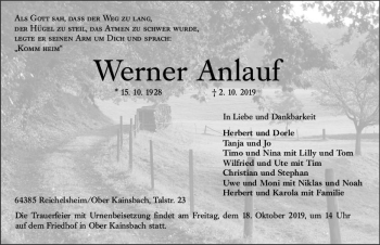 Traueranzeige von Werner Anlauf von vrm-trauer
