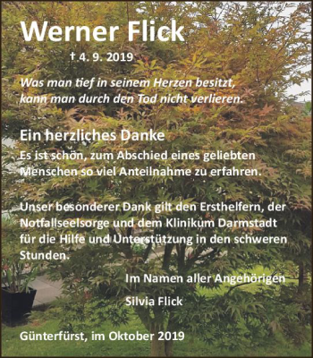 Traueranzeige von Werner Flick von vrm-trauer