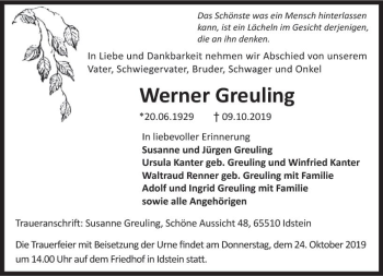 Traueranzeige von Werner Greuling von vrm-trauer