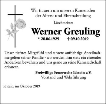 Traueranzeige von Werner Greuling von vrm-trauer