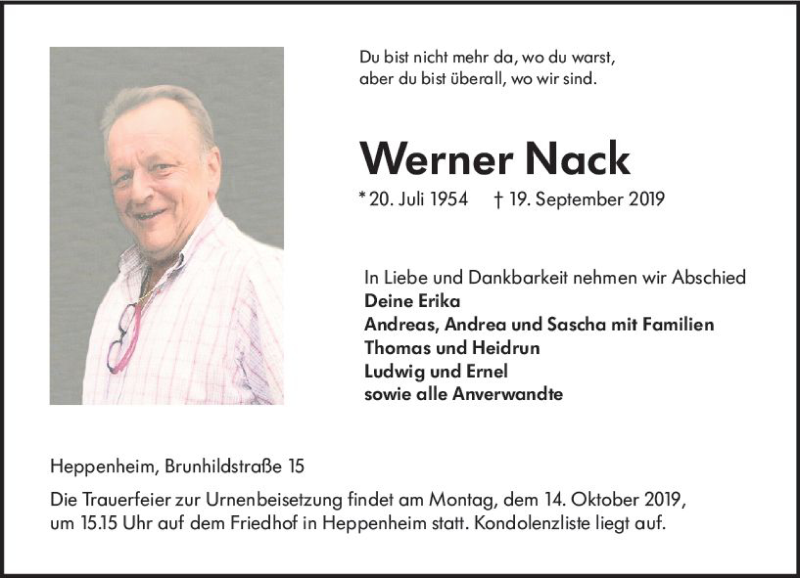  Traueranzeige für Werner Nack vom 12.10.2019 aus vrm-trauer