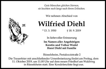 Traueranzeige von Wilfried Diehl von vrm-trauer