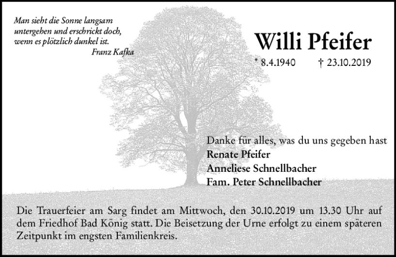  Traueranzeige für Willi Pfeifer vom 26.10.2019 aus vrm-trauer