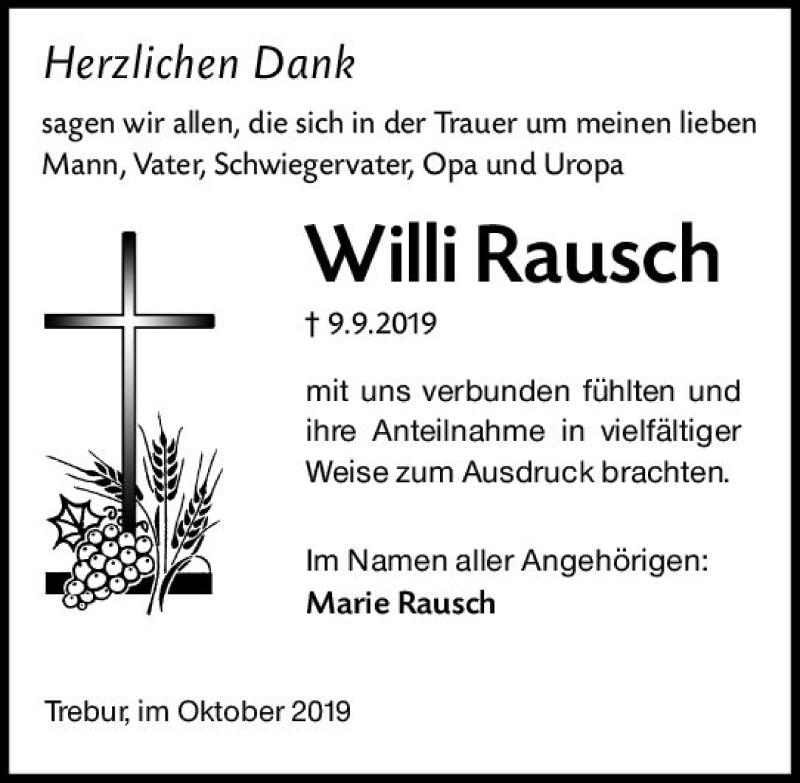  Traueranzeige für Willi Rausch vom 11.10.2019 aus vrm-trauer