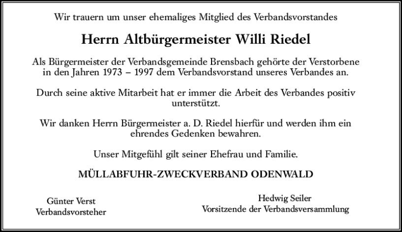  Traueranzeige für Willi Riedel vom 17.10.2019 aus vrm-trauer