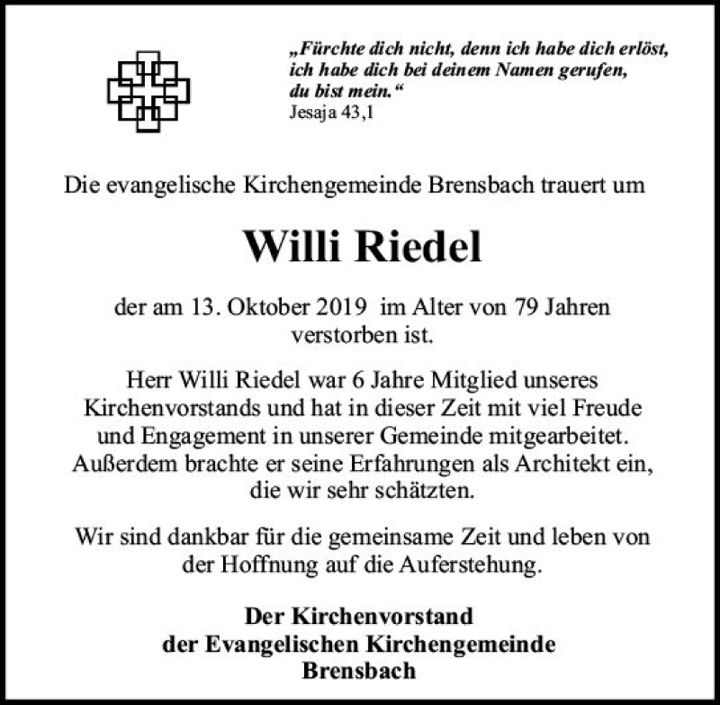  Traueranzeige für Willi Riedel vom 16.10.2019 aus vrm-trauer