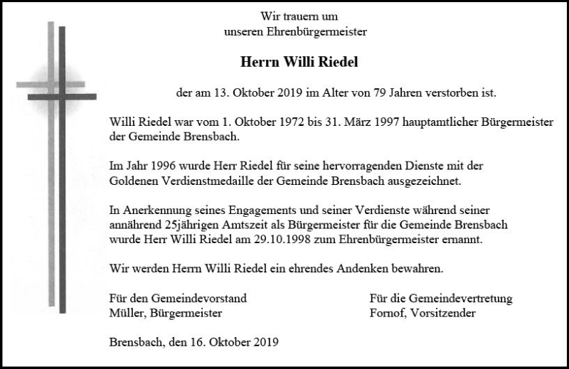  Traueranzeige für Willi Riedel vom 16.10.2019 aus vrm-trauer