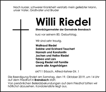 Traueranzeige von Willi Riedel von vrm-trauer