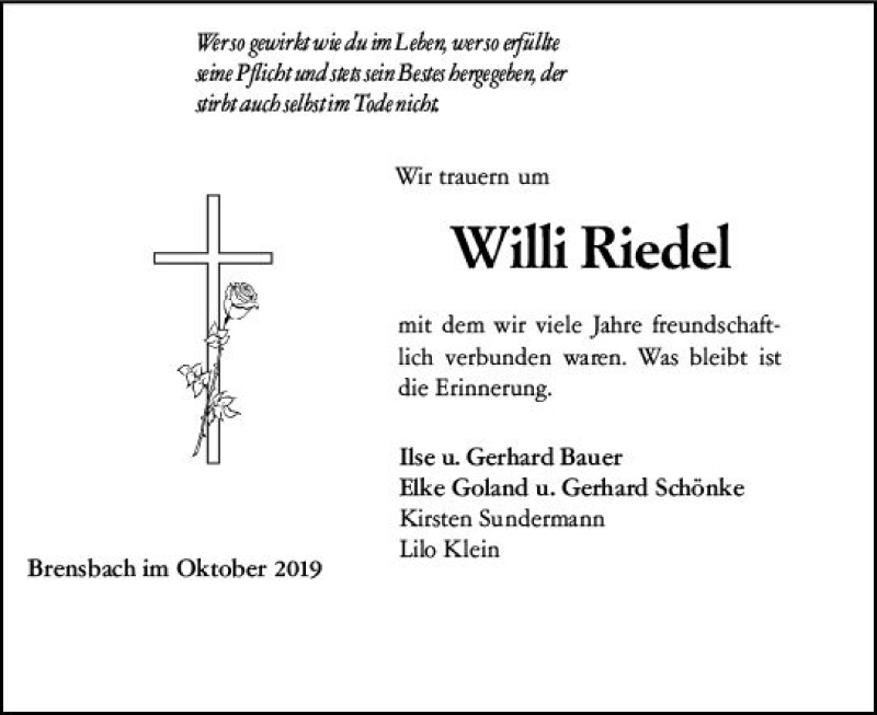  Traueranzeige für Willi Riedel vom 16.10.2019 aus vrm-trauer