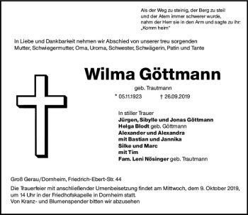 Traueranzeige von Wilma Göttmann von vrm-trauer