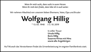 Traueranzeige von Wolfgang Hillig von vrm-trauer