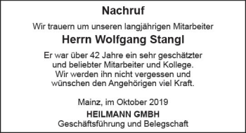 Traueranzeige von Wolfgang Stangl von vrm-trauer