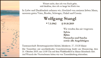 Traueranzeige von Wolfgang Stangl von vrm-trauer