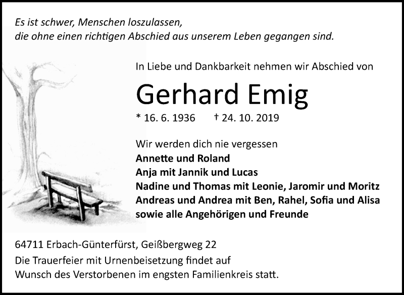  Traueranzeige für Gerhard Emig vom 30.10.2019 aus 
