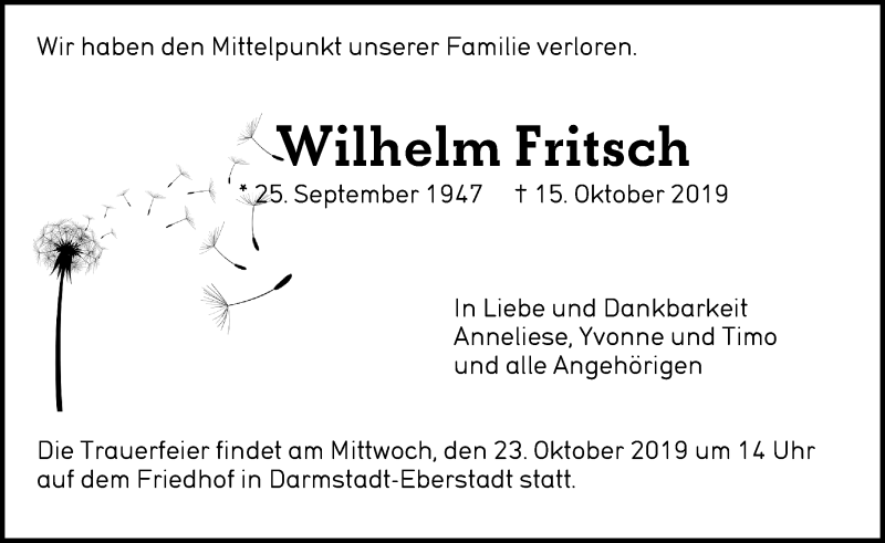  Traueranzeige für Wilhelm Fritsch vom 19.10.2019 aus VRM Tageszeitungen