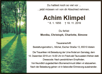 Traueranzeige von Achim Klimpel von vrm-trauer