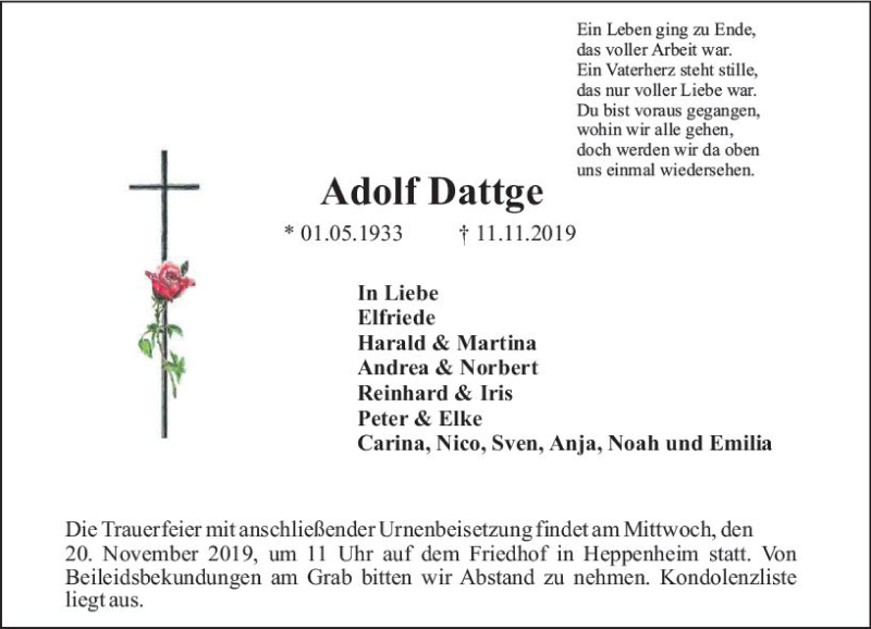  Traueranzeige für Adolf Dattge vom 18.11.2019 aus vrm-trauer