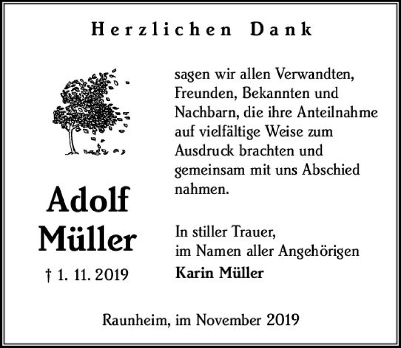  Traueranzeige für Adolf Müller vom 23.11.2019 aus vrm-trauer