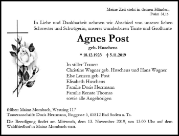 Traueranzeige von Agnes Post von vrm-trauer