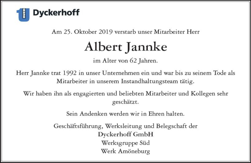 Traueranzeige für Albert Jannke vom 02.11.2019 aus vrm-trauer