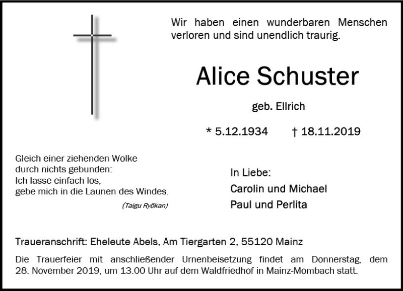  Traueranzeige für Alice Schuster vom 23.11.2019 aus vrm-trauer