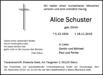 Traueranzeige von Alice Schuster von vrm-trauer