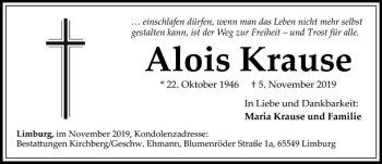 Traueranzeige von Alois Krause von vrm-trauer
