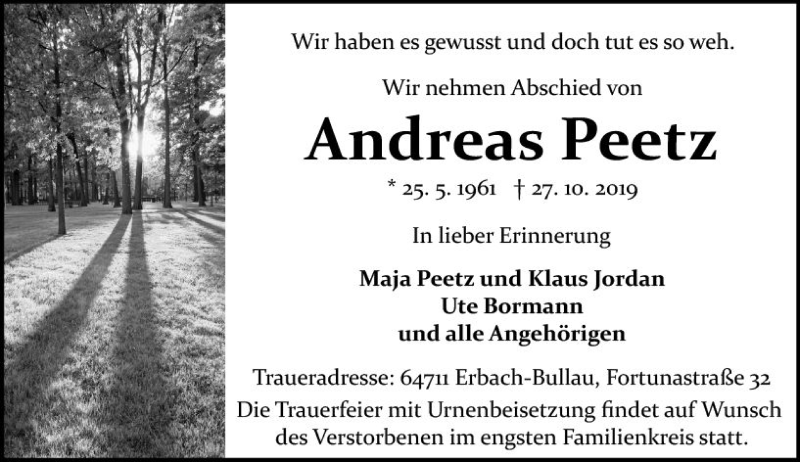  Traueranzeige für Andreas Peetz vom 02.11.2019 aus vrm-trauer