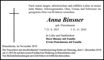 Traueranzeige von Anna Binsner von vrm-trauer