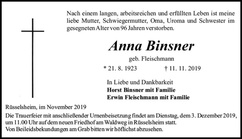  Traueranzeige für Anna Binsner vom 23.11.2019 aus vrm-trauer