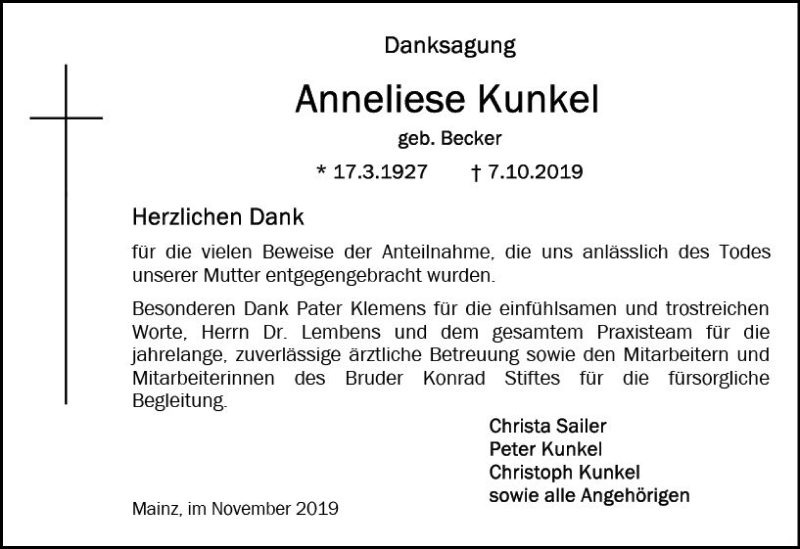 Traueranzeige für Anneliese Kunkel vom 16.11.2019 aus vrm-trauer