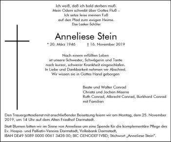 Traueranzeige von Anneliese Stein von vrm-trauer