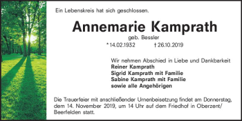 Traueranzeige von Annemarie Kamprath von vrm-trauer