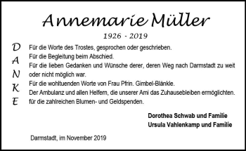 Traueranzeige von Annemarie Müller von vrm-trauer