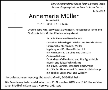 Traueranzeige von Annemarie Müller von vrm-trauer