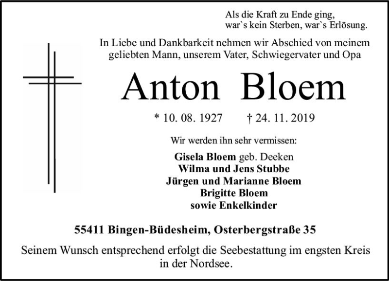  Traueranzeige für Anton Bloem vom 30.11.2019 aus vrm-trauer