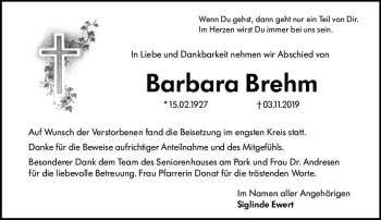 Traueranzeige von Barbara Brehm von vrm-trauer